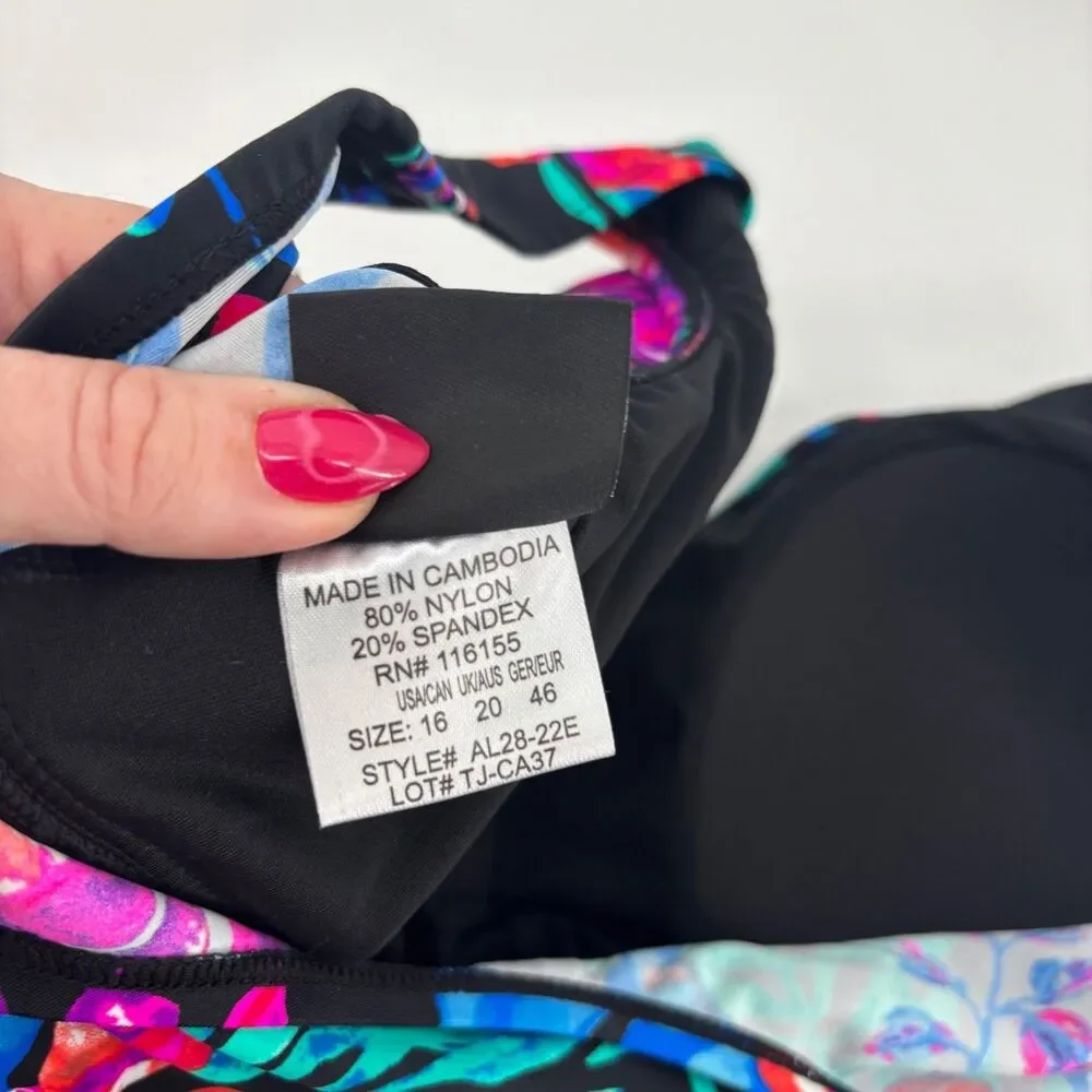 Shore Shapes Swimdress Women 16 Black Floral‎ New Asymmetrical Side Cinch sides